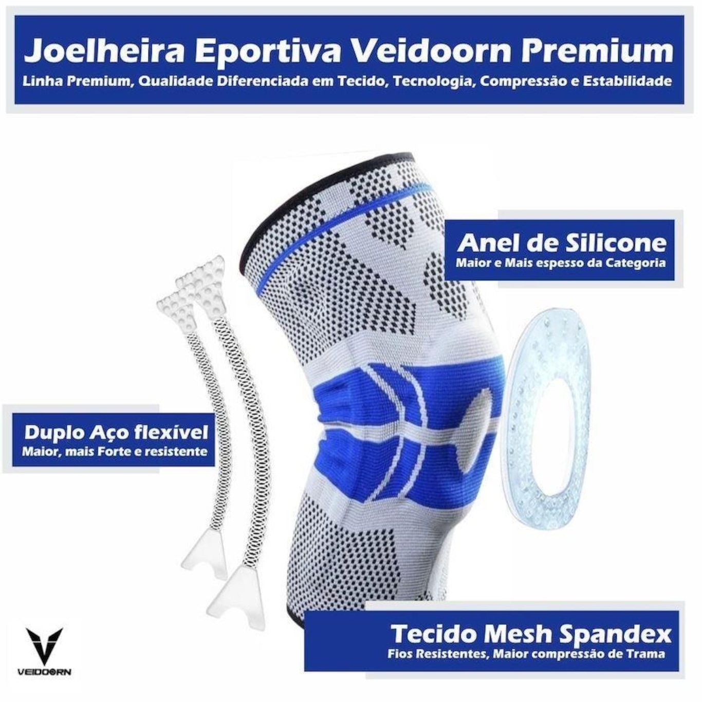 Joelheira de Compressão Veiddorn Spandex 3D com Anel de Silicone - Adulto - Foto 3