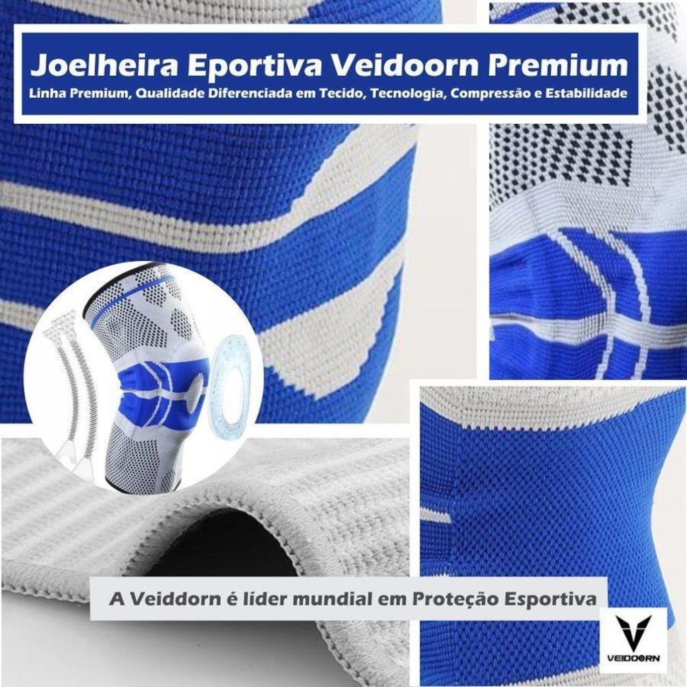 Joelheira de Compressão Veiddorn Spandex 3D com Anel de Silicone - Adulto - Foto 6