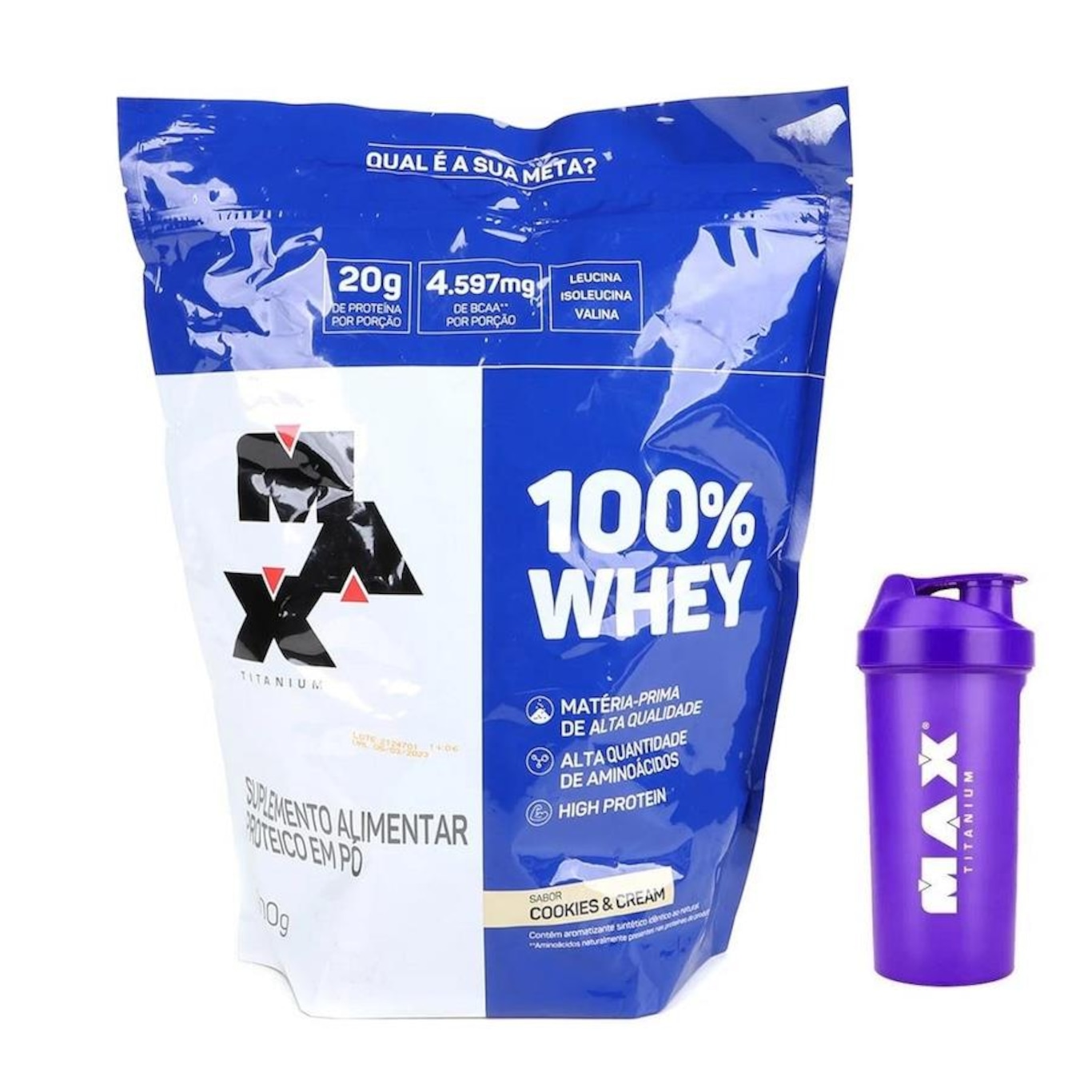 Whey Protein 100% Refil - Cookies & Cream - 900g + Coqueteleira Max Titanium - 700ml - Foto 1