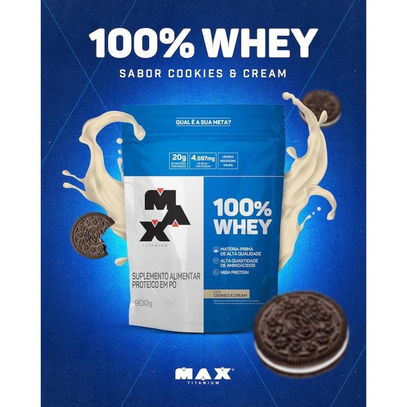 Whey Protein 100% Refil - Cookies & Cream - 900g + Coqueteleira Max Titanium - 700ml - Foto 3