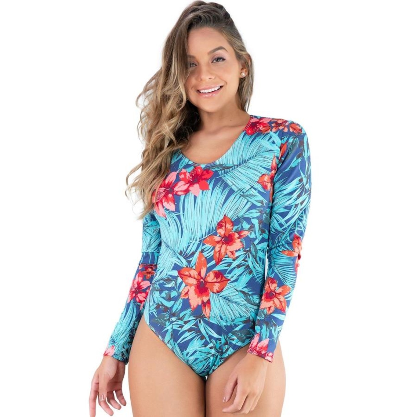 Body MVB Modas Manga Longa Estampado Costa Fechada Collant - Feminino - Foto 1