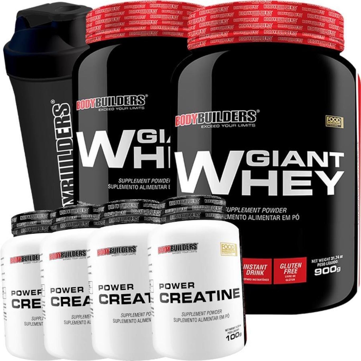 Kit Bodybuilders Giant Whey - Chocolate - 900g - 2 unidades + Power Creatina - 100g - 4 unidades + Coqueteleira - Foto 1