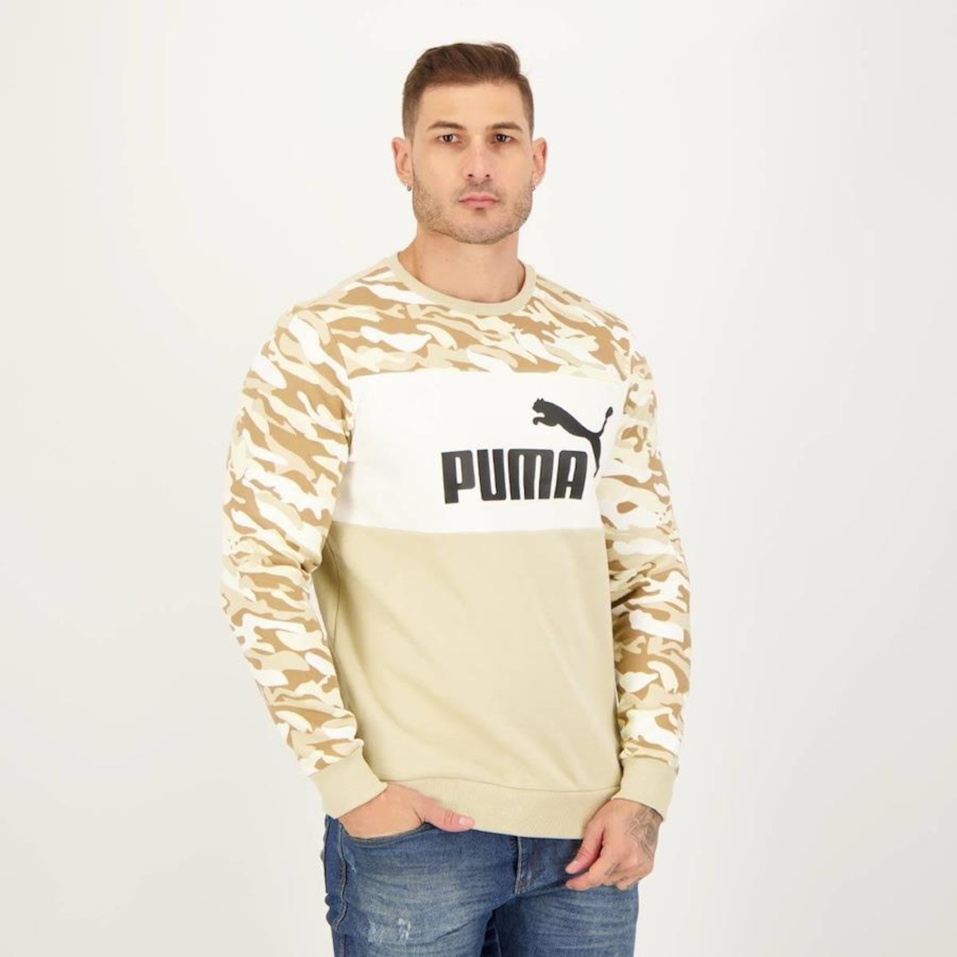 Blus o de Moletom Puma ESS Camo Crew FL Masculino em Promo o