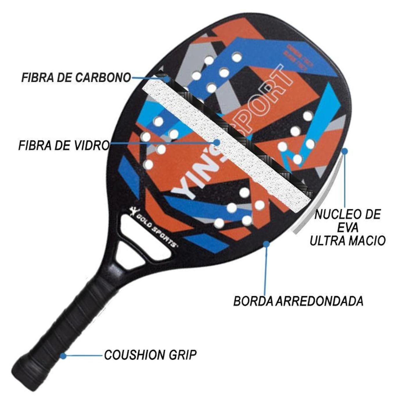 Raquete Beach Tennis Gold Sports Yins Convoy carbon Pro Advance - Foto 2