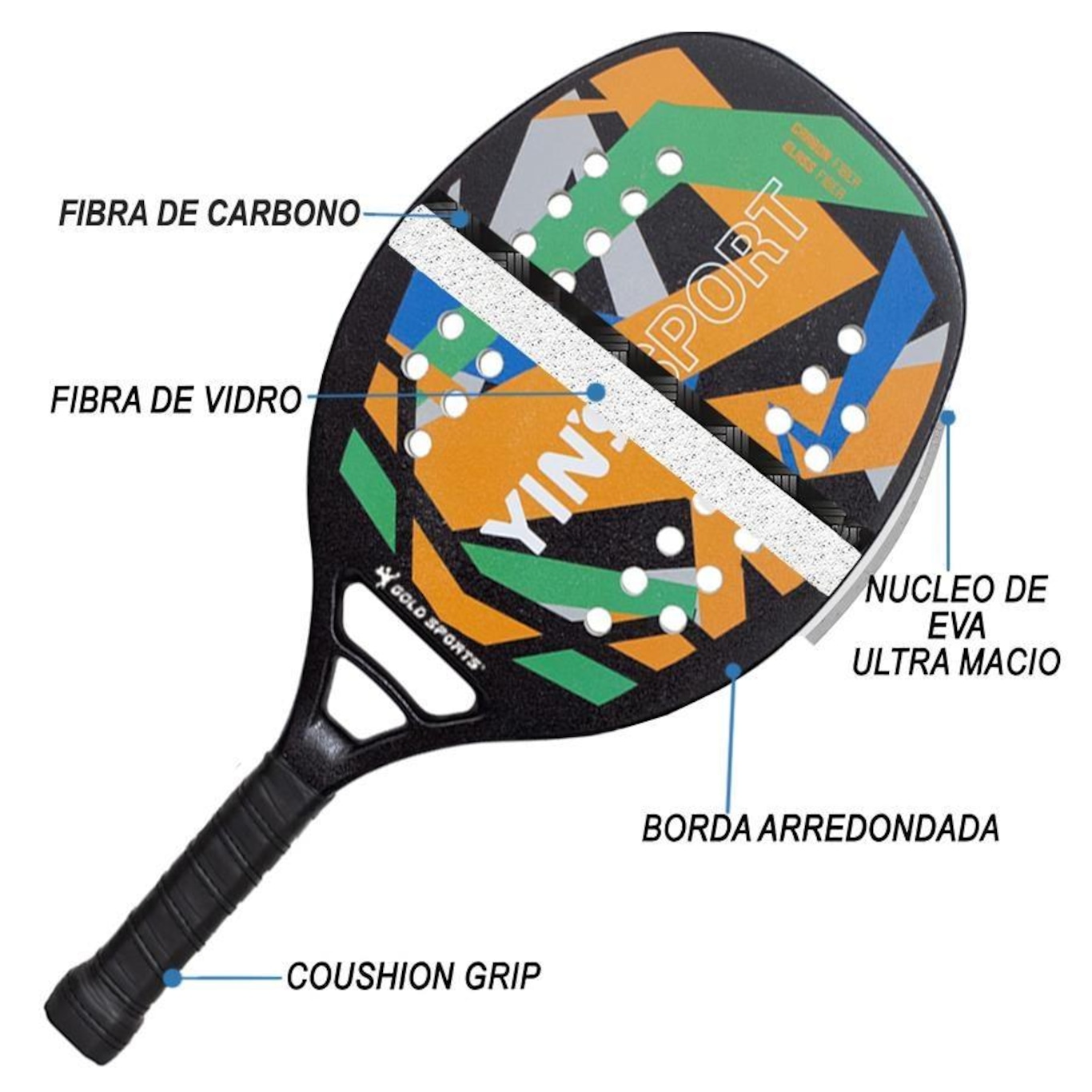 Raquete Beach Tennis Gold Sports Yins Convoy carbon Pro Advance - Foto 2