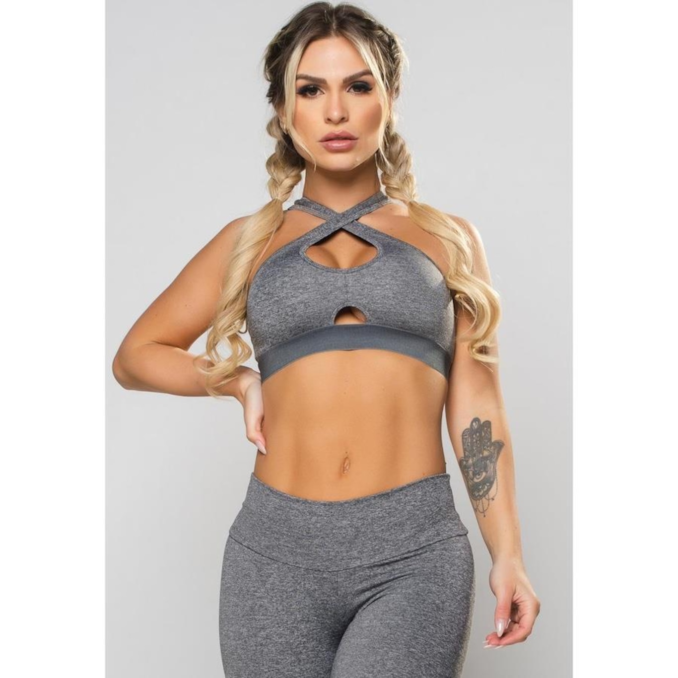 Top Fitness Cropped MVB Modas Suplex Cruzado Decote Recorte - Feminino - Foto 4