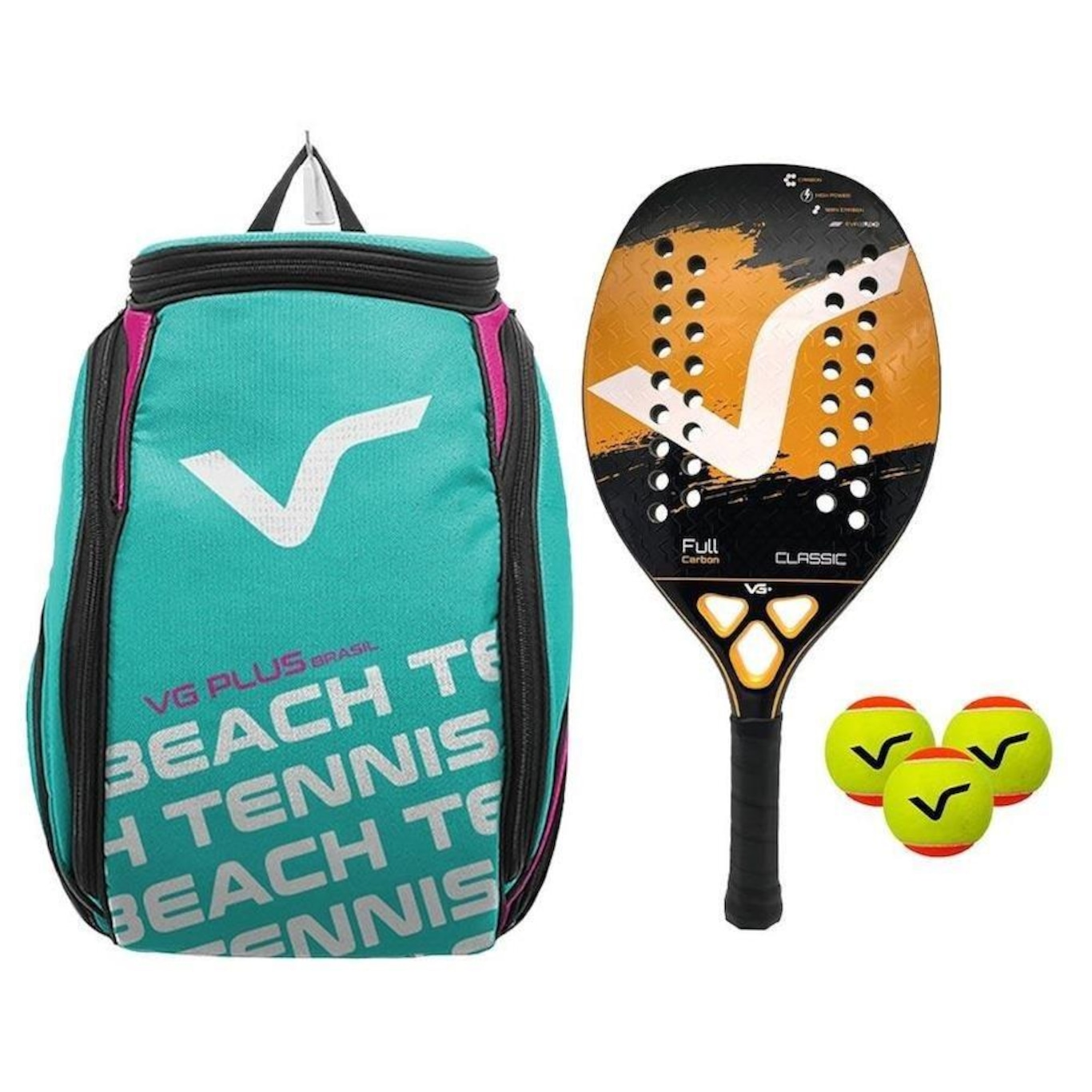 Kit Raquete Beach Tennis Classic Full Carbon - 3 Bolas - 1 Mochila VG Plus - Foto 1