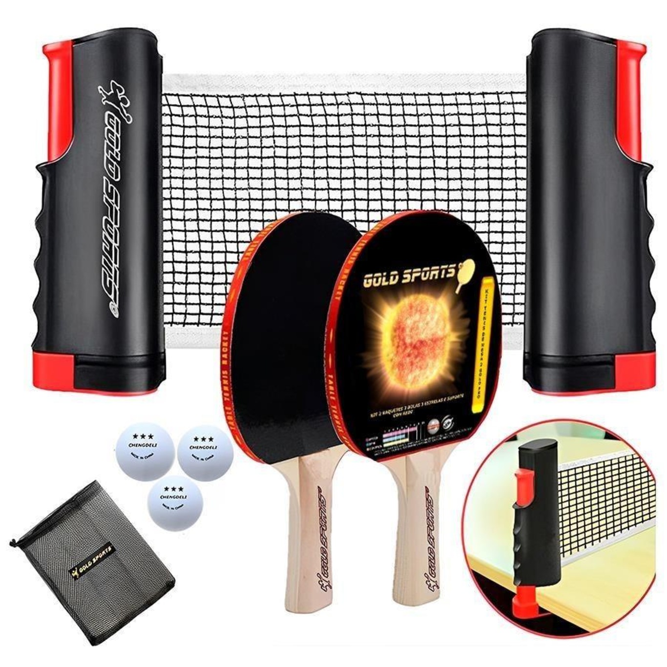 KIT RAQUETE TENIS DE MESA PING PONG COM 3 BOLAS REDE E SUPORTE CONJUNTO  COMPLETO INFANTIL E ADULTO