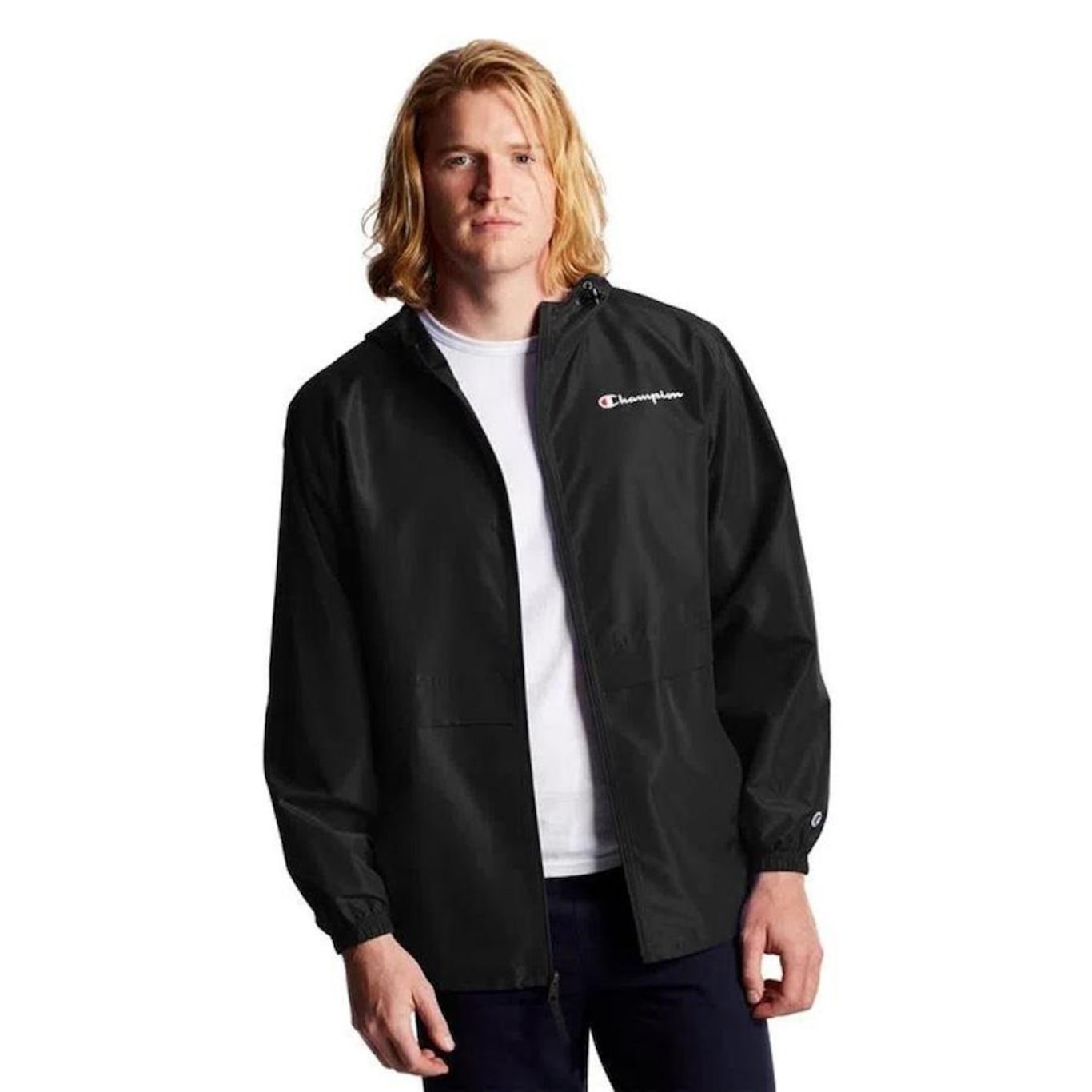 Jaqueta Corta Vento com Capuz Champion Script Full Zip - Masculina - Foto 1