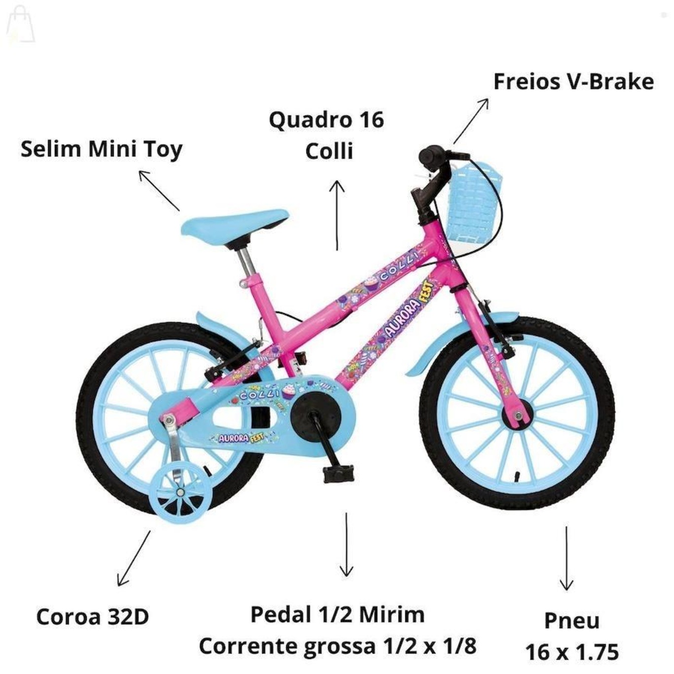 Bicicleta Infantil Aurora Fest Colli Aro-16 Com Freios V-Brake, Rodas de  Apoio e Cestinha - Rosa e Azul