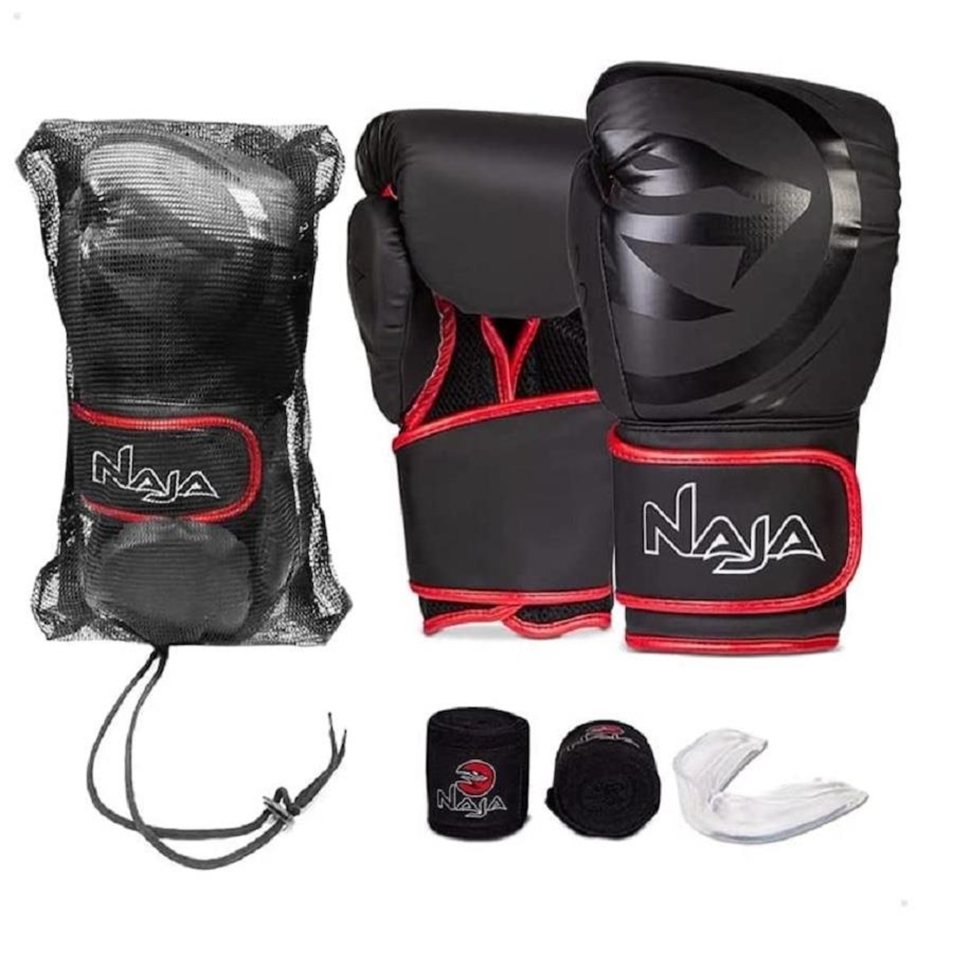 Kit de Boxe Naja: Bandagem + Protetor Bucal + Luvas de Boxe Black - 16 OZ - Adulto - Foto 1