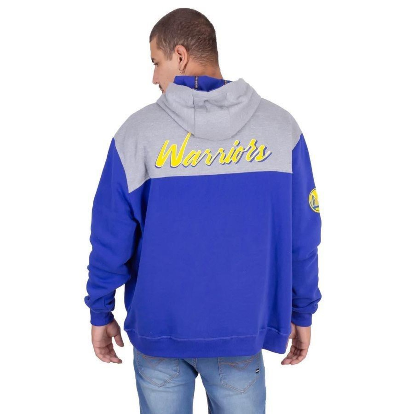 Blusão de Moletom Com Capuz NBA Plus Size Fechado Golden State Warriors Azul - Masculina - Foto 4