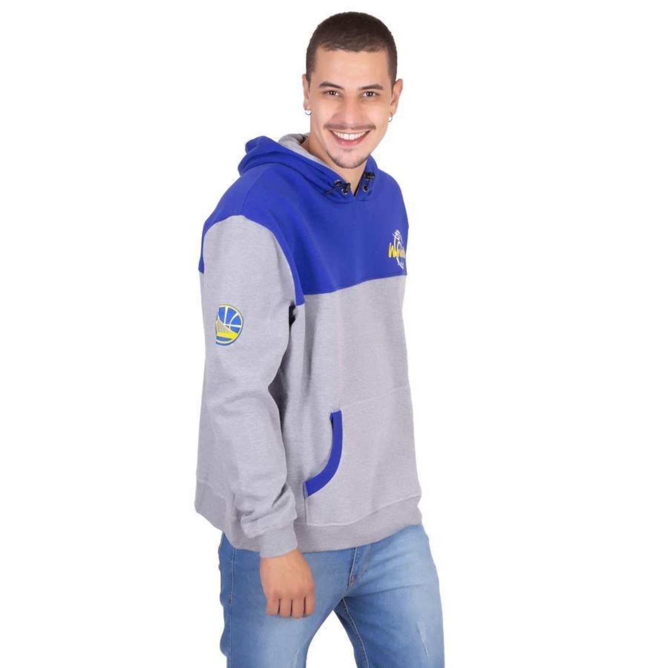 Blusão de Moletom Com Capuz NBA Plus Size Fechado Golden State Warriors Cinza Mescla - Masculina - Foto 3