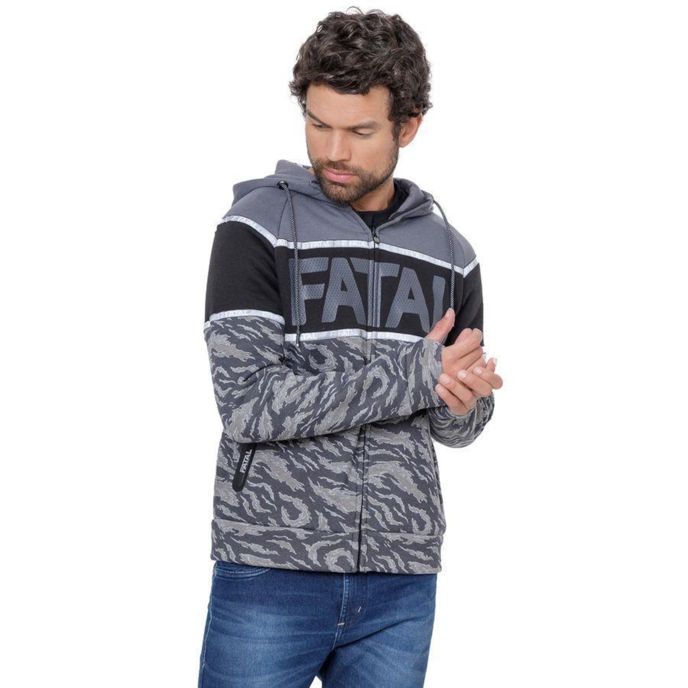 Jaqueta de Moletom com Capuz Fatal Aberto Camuflado - Masculina - Foto 1