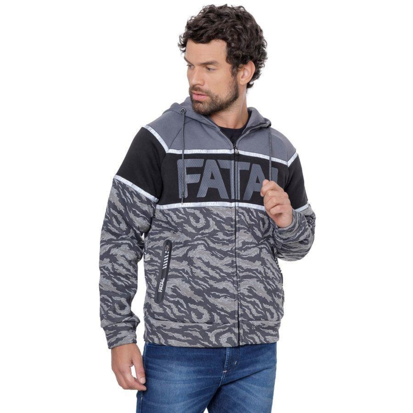 Jaqueta de Moletom com Capuz Fatal Aberto Camuflado - Masculina - Foto 4