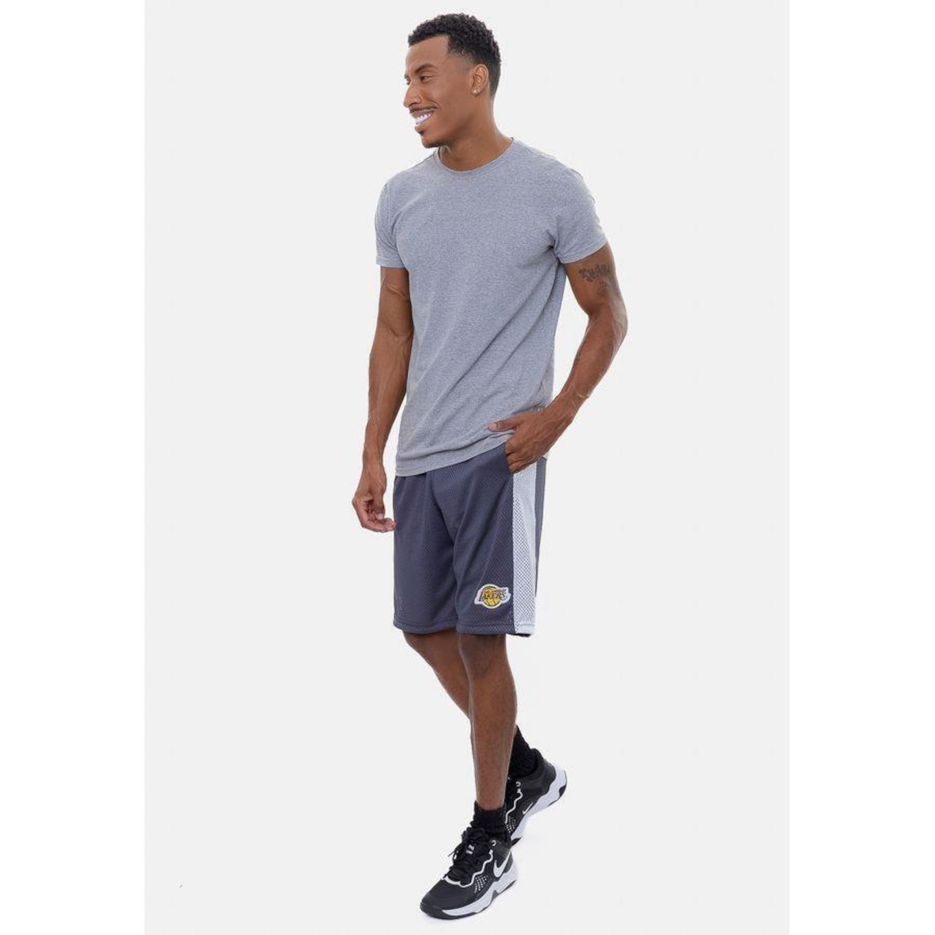 Bermuda Nba Sintética Vinil Logo Los Angeles Lakers - Masculina - Foto 4