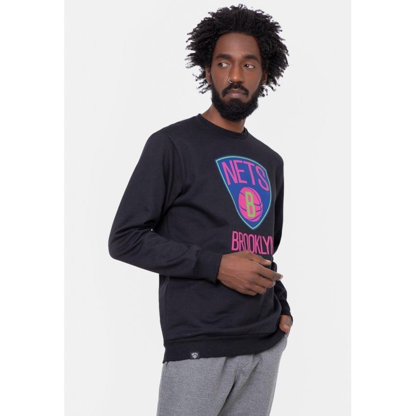 Blusão de Moletom NBA Neon Colors Brooklyn Nets Preto - Masculina - Foto 1