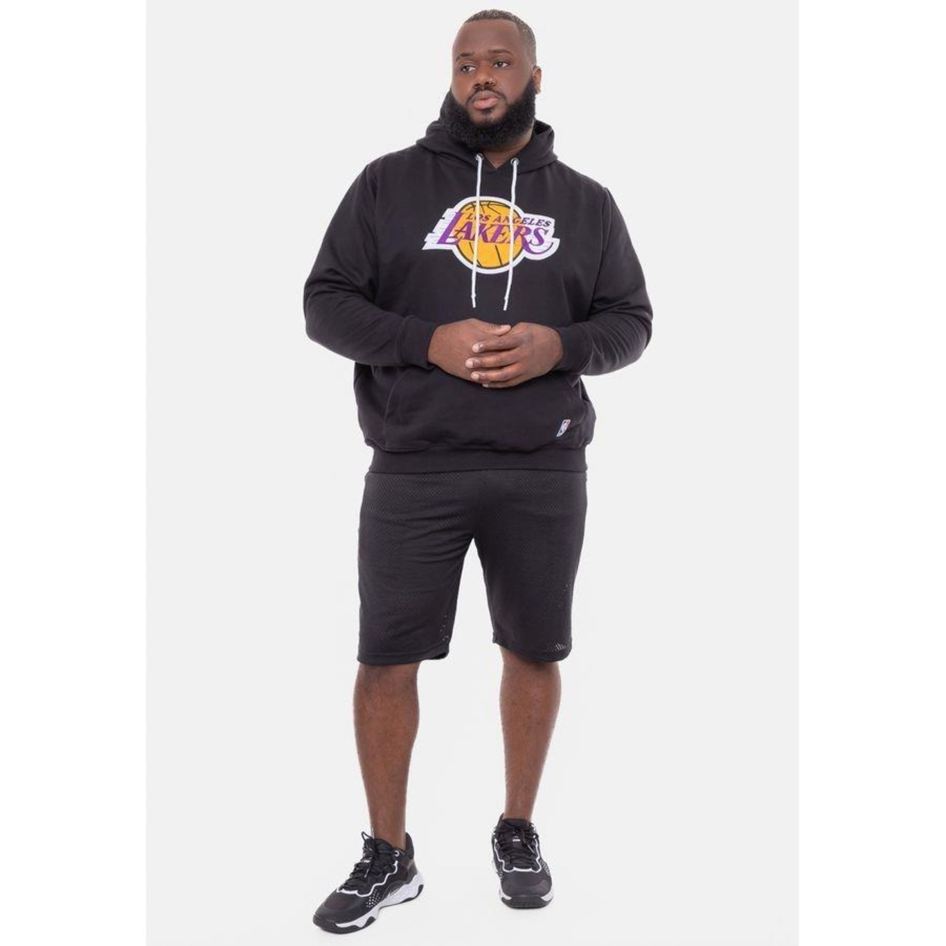 Blusão de Moletom com Capuz NBA Plus Size Feltro Logo Los Angeles Lakers Preto - Masculina - Foto 4