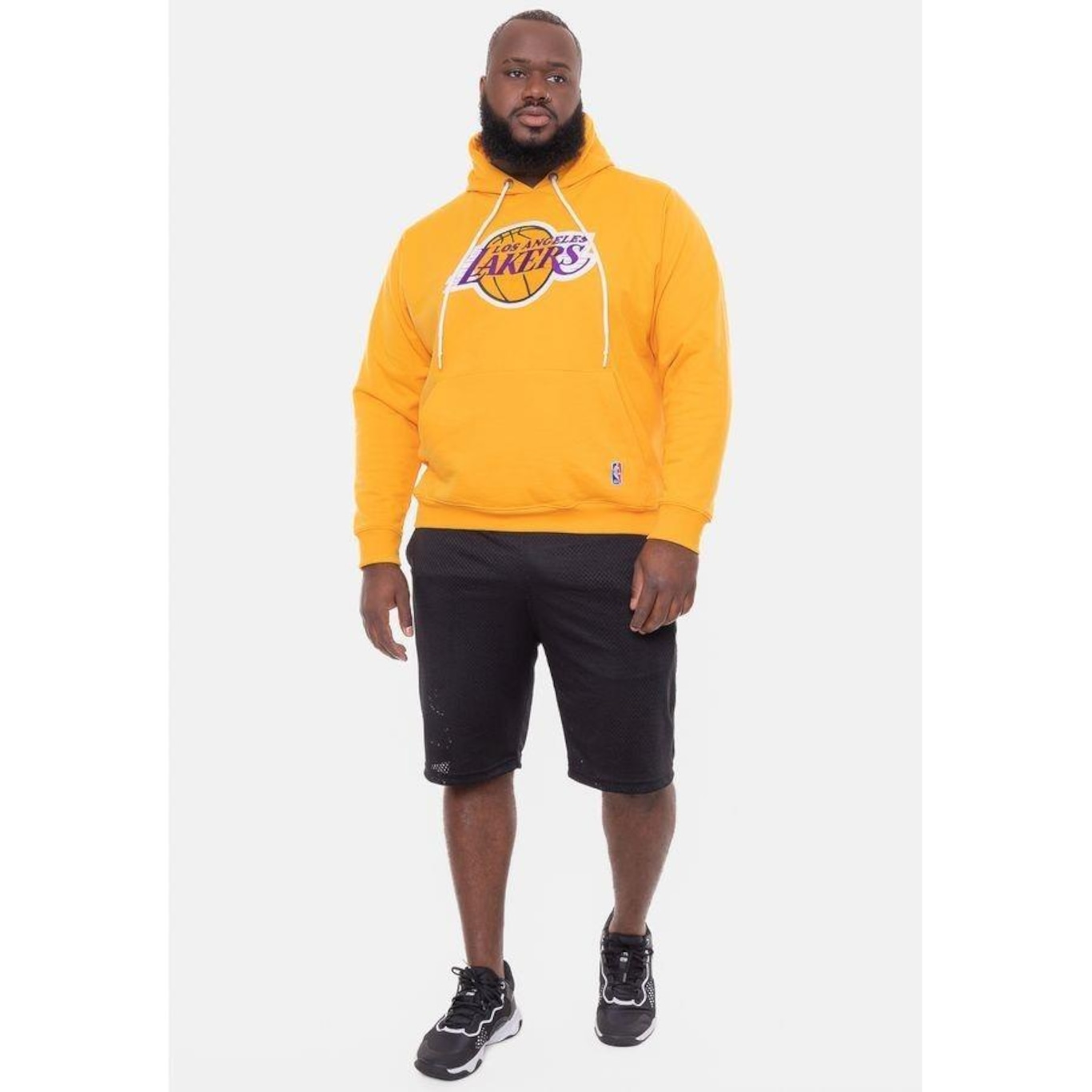 Blusão de Moletom com Capuz NBA Plus Size Feltro Logo Los Angeles Lakers Amarelo - Masculina - Foto 3