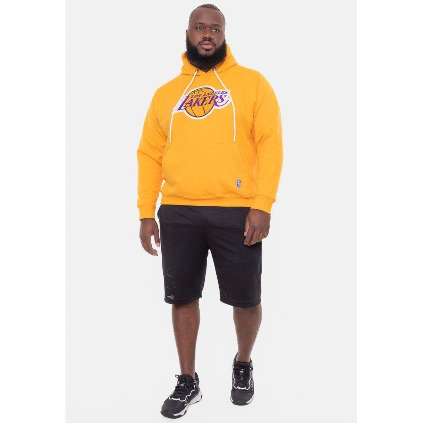 Blusão de Moletom com Capuz NBA Plus Size Feltro Logo Los Angeles Lakers Amarelo - Masculina - Foto 5