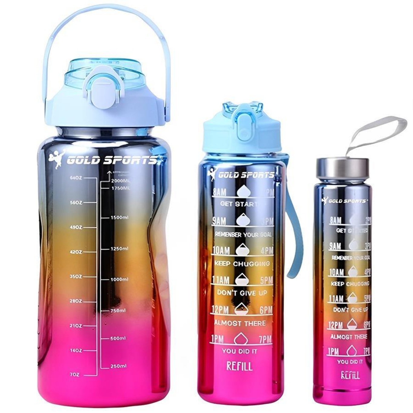 Kit 3 Garrafas Squeeze Plástica Gold Sports Degrade Adesivos Bpa-Free 2 Lts, 800ml e 280ml - Foto 2