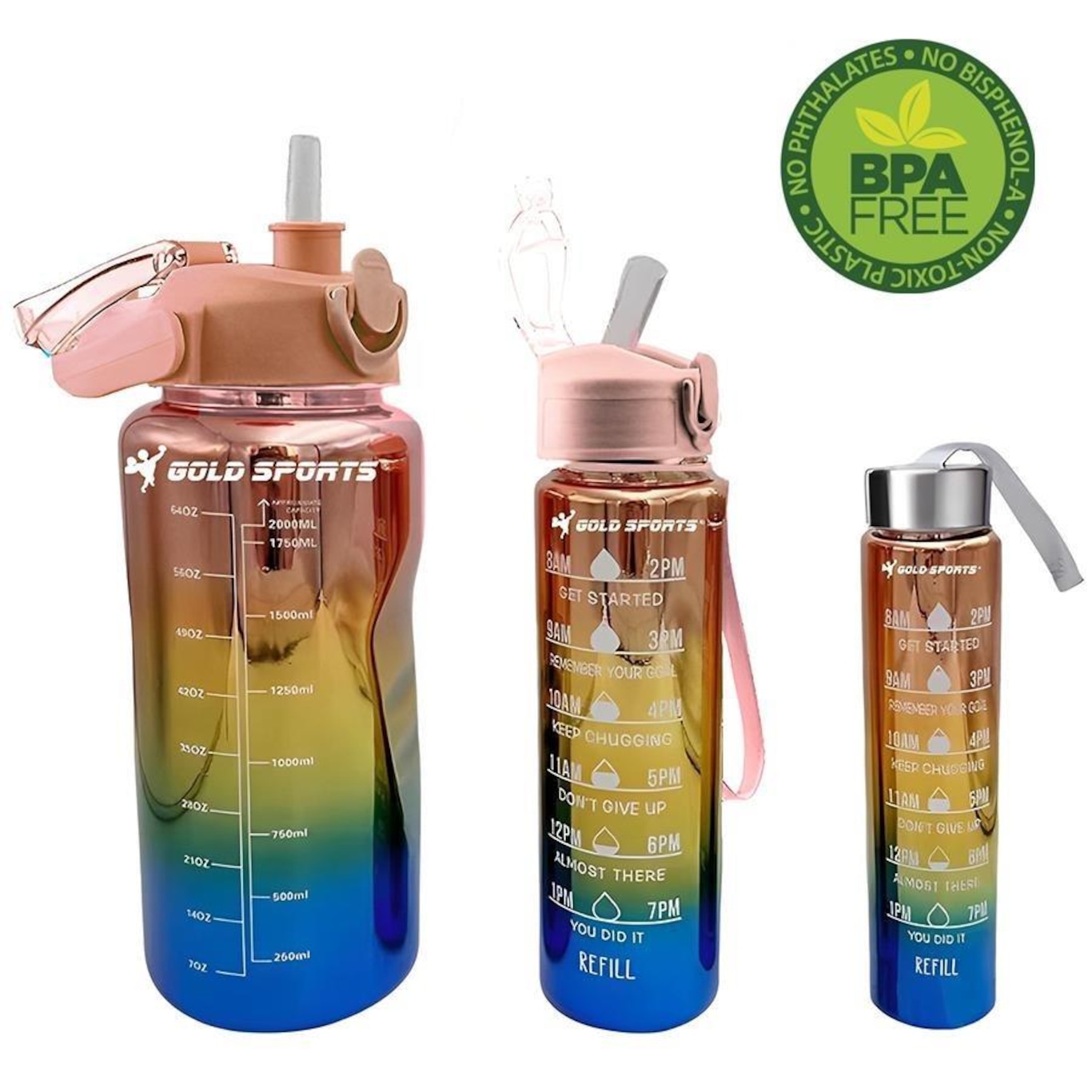 Kit 3 Garrafas Squeeze Plástica Gold Sports Degrade Adesivos Bpa-Free 2 Lts, 800ml e 280ml - Foto 3