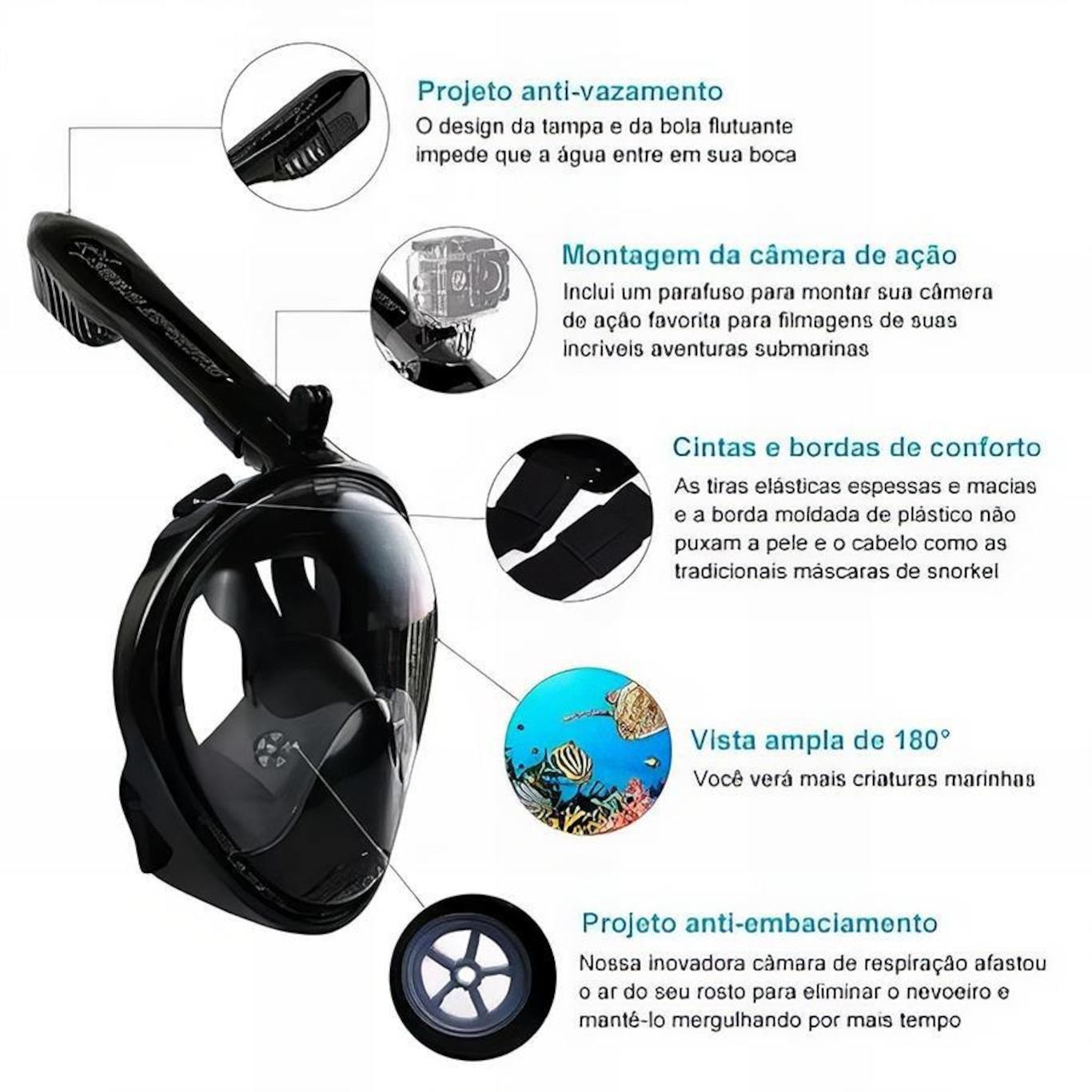 Máscara de Mergulho Gold Sports Full Face com Snorkel - Adulto - Foto 3