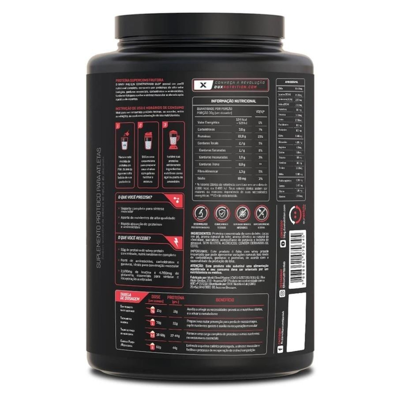 Whey Protein Concentrado Dux Nutrition Suplemento Alimentar Proteína - Cookies - 900g - Foto 3