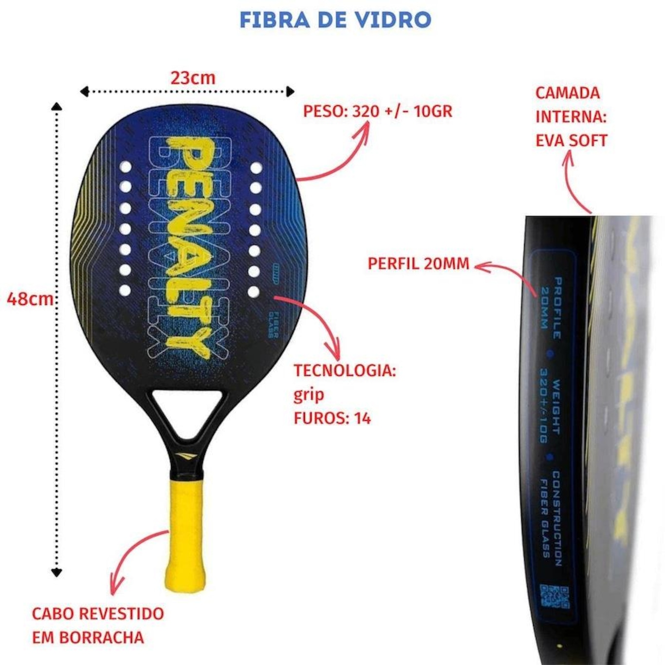 Kit de Beach Tennis: 1 Raquete Penalty Fiber Glass + 1 Capa  + 3 Bolas Dunlop Stage 2 +  1 Squeeze Brinde - Foto 2