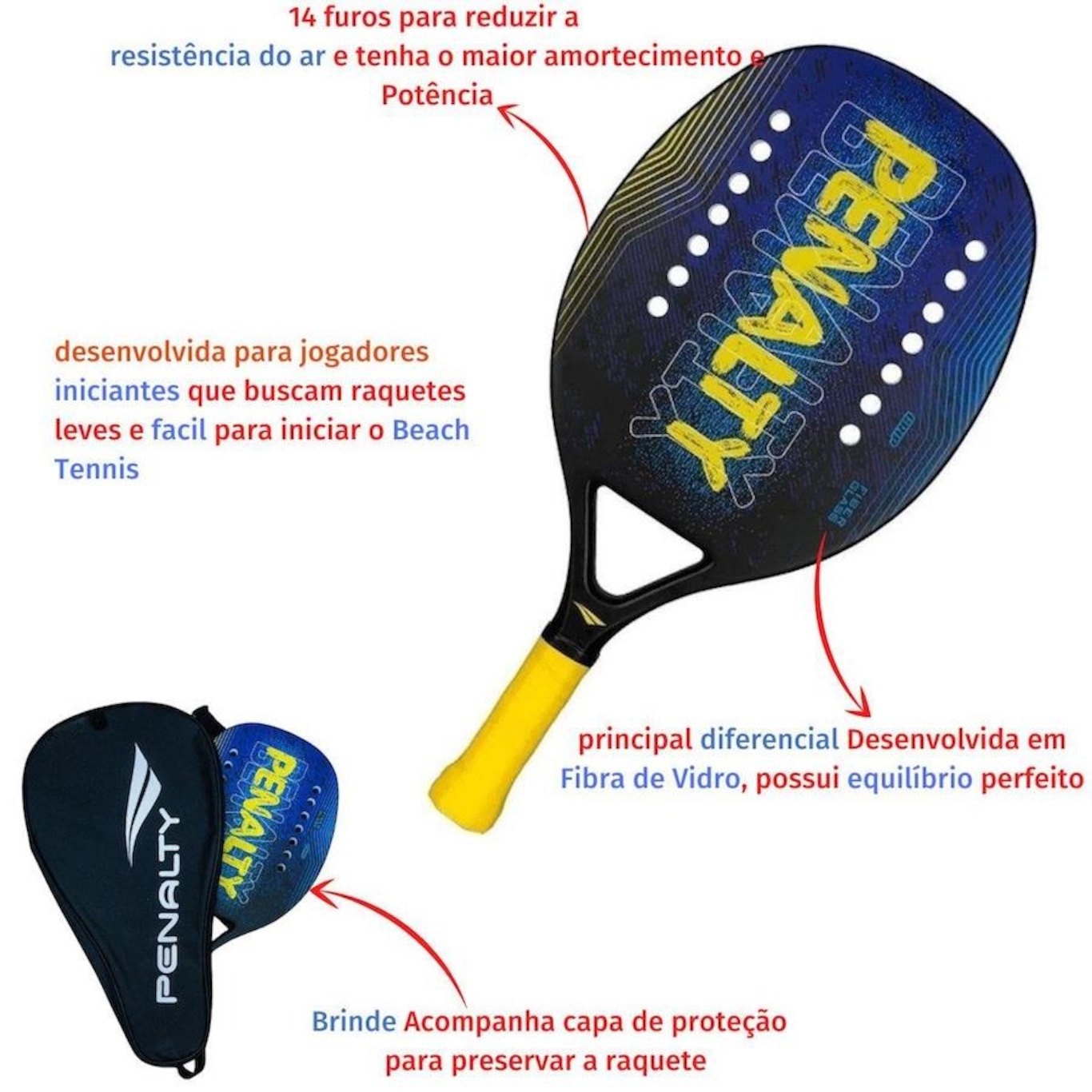 Kit de Beach Tennis: 1 Raquete Penalty Fiber Glass + 1 Capa  + 3 Bolas Dunlop Stage 2 +  1 Squeeze Brinde - Foto 3