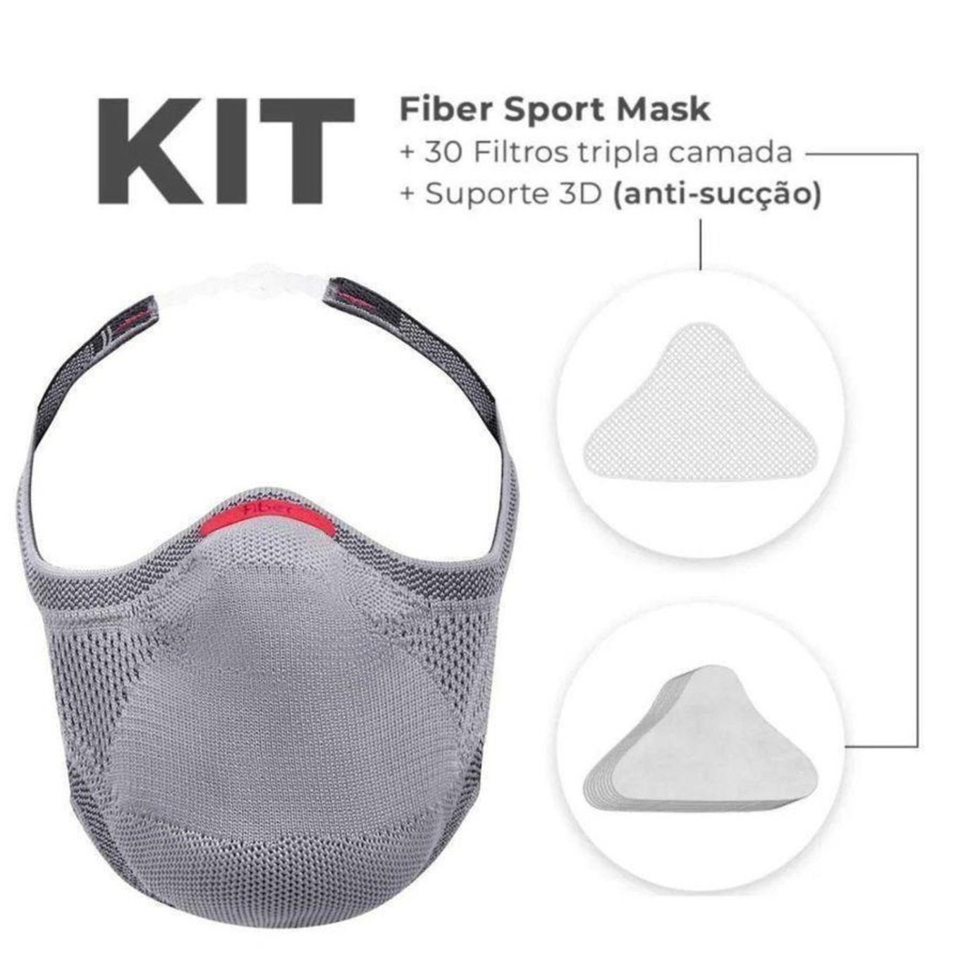 Kit Máscara Fiber: 1 Máscara + 30 Filtros + 1 Suporte Knit Sport - Adulto - Foto 1