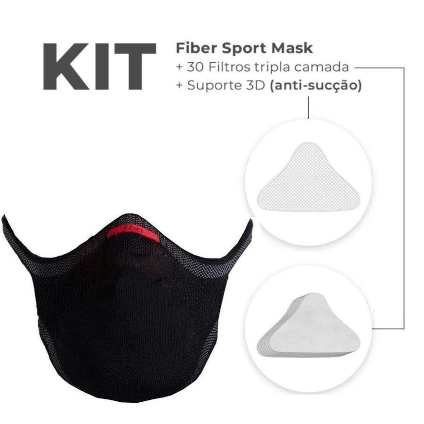 Kit Máscara Fiber: 1 Máscara + 30 Filtros + 1 Suporte Knit Sport - Adulto - Foto 1