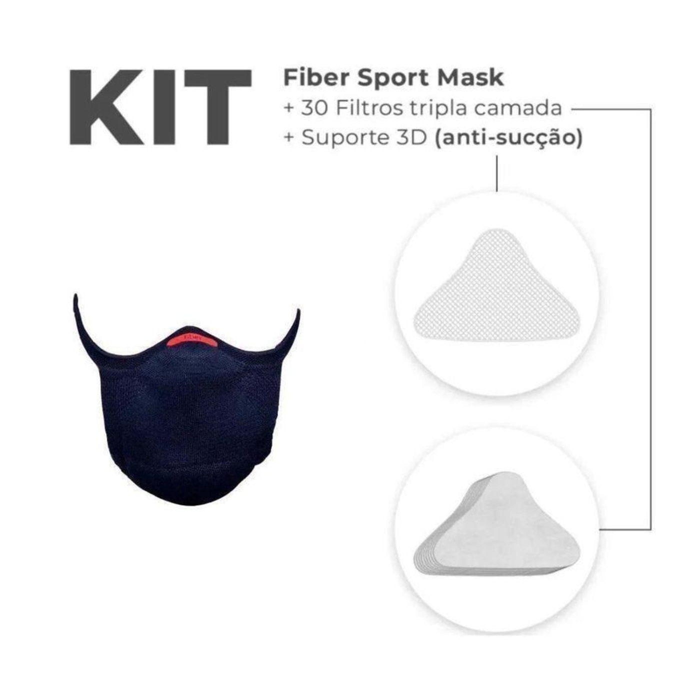 Kit Máscara Fiber: 1 Máscara + 30 Filtros + 1 Suporte Knit Sport - Adulto - Foto 1