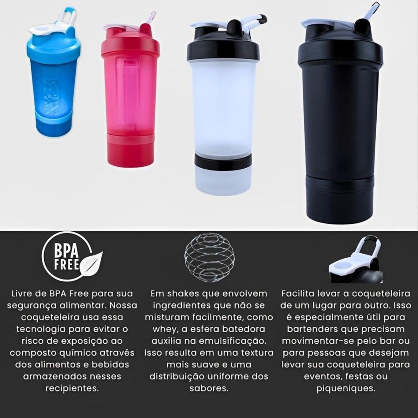 Coqueteleira Weezer Academia Shaker Bpa Free com Porta Whey e Comprimido Mola Batedora Fitness - Foto 3