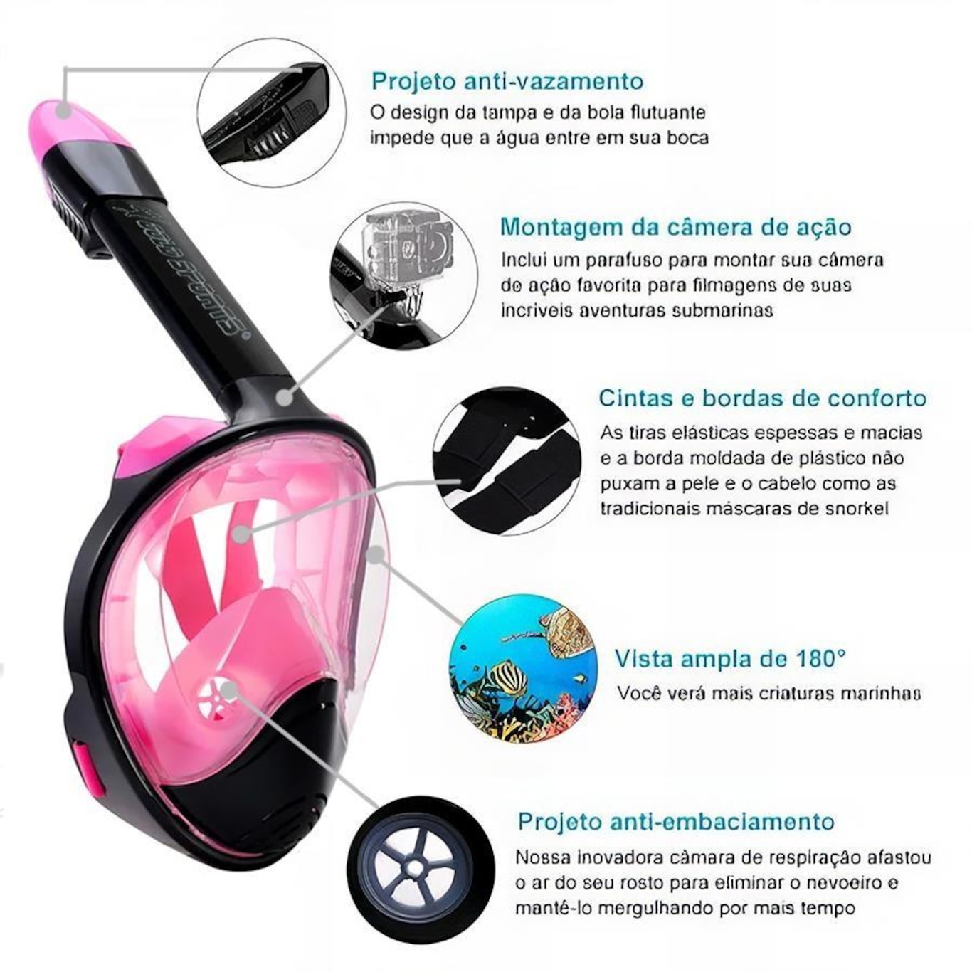 Máscara Subaquática de Mergulho Gold Sports Full Face com Snorkel - Adulto - Foto 3