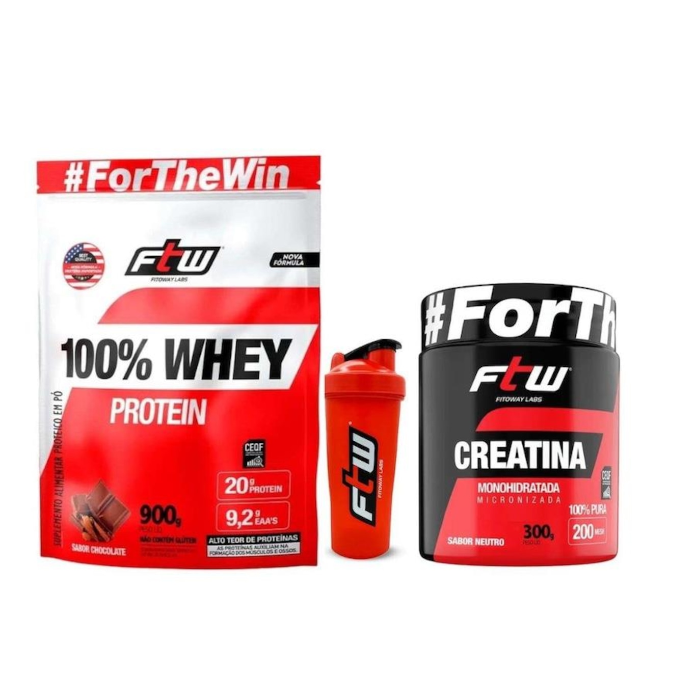 Kit Whey Protein FTW 100% Refil 900g - Chocolate com Coqueteleira + Creatina 300g - Foto 1