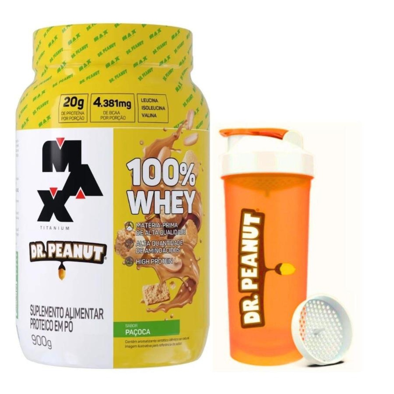 Kit Whey Protein 100% Dr. Peanut Max Titanium 900g Paçoca com Coqueteleira - Foto 1