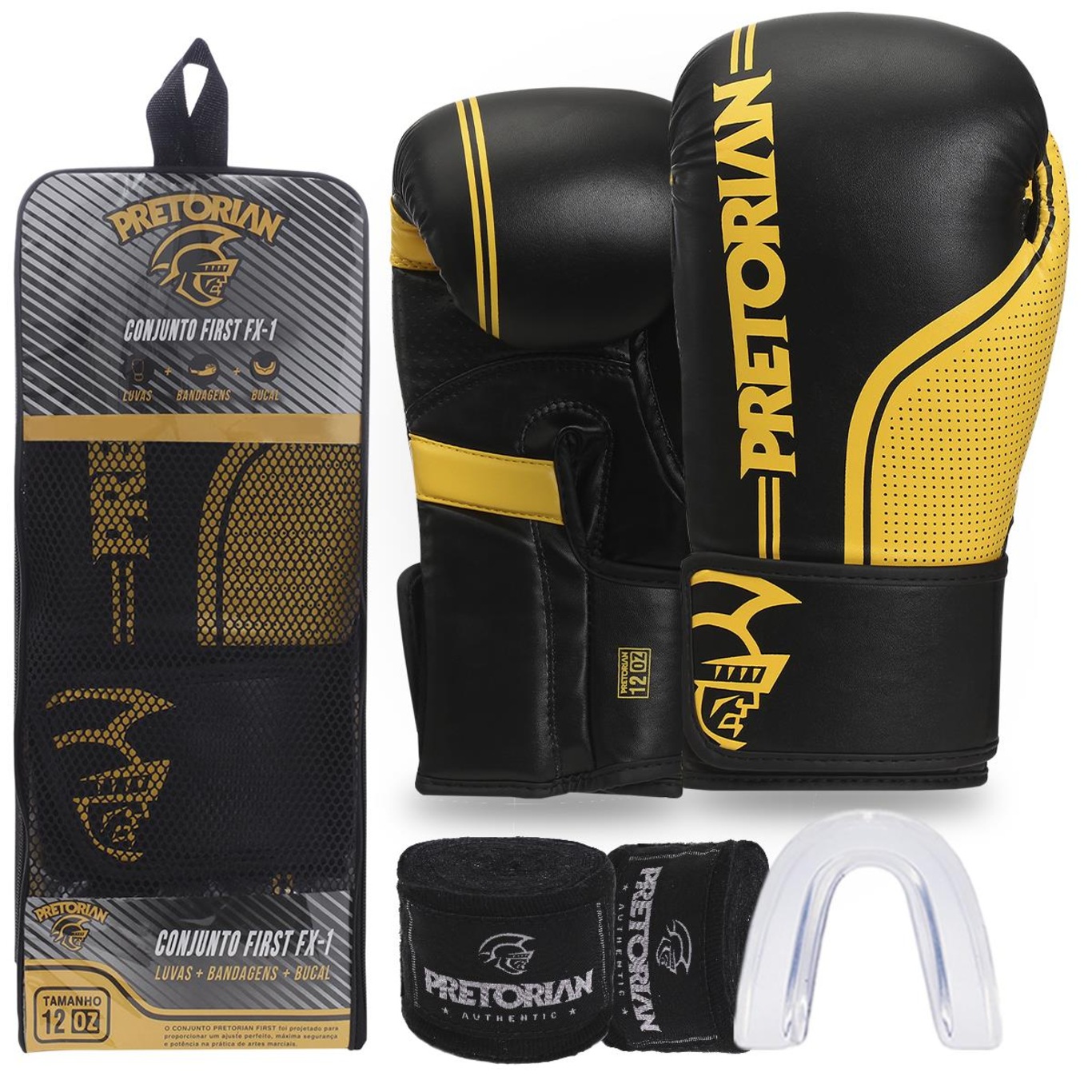 Kit de Luvas de Boxe e Muay Thai First Fx1 Pretorian + Bandagem + Bucal - Foto 1