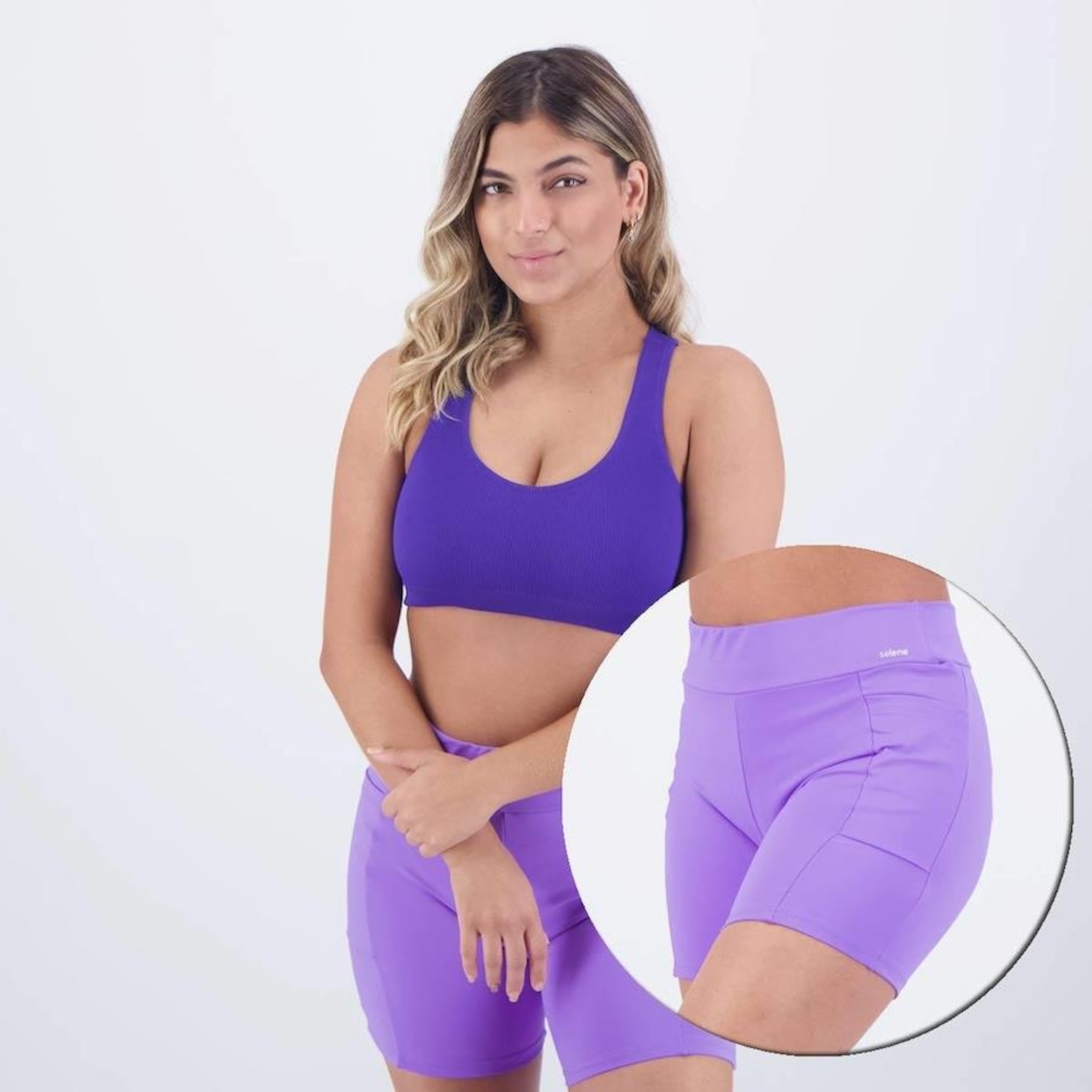 Conjunto Selene: Top Fitness Canelado sem Costura + Shorts com Bolso - Feminino - Foto 1