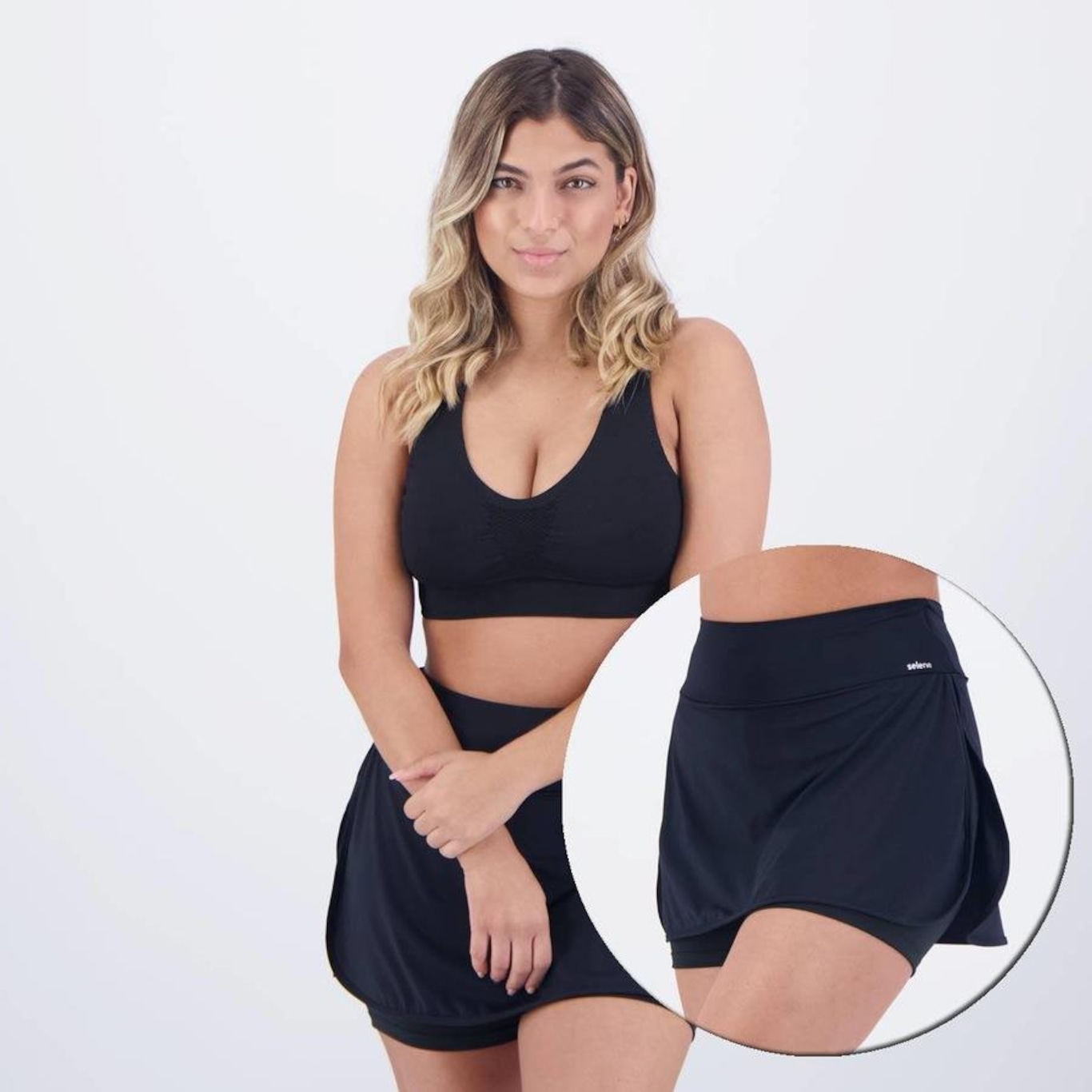 Conjunto selene Top Fitness com Bojo sem Costura + Shorts Saia - Feminino - Foto 1