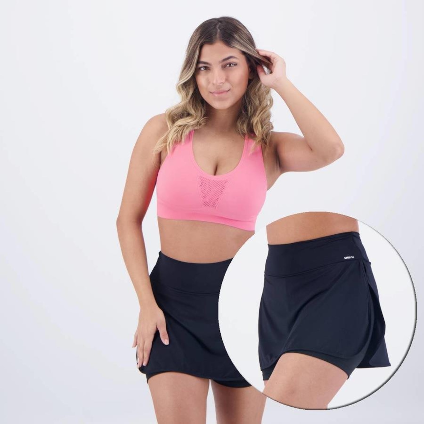 Conjunto selene Top Fitness com Bojo sem Costura + Shorts Saia - Feminino - Foto 1