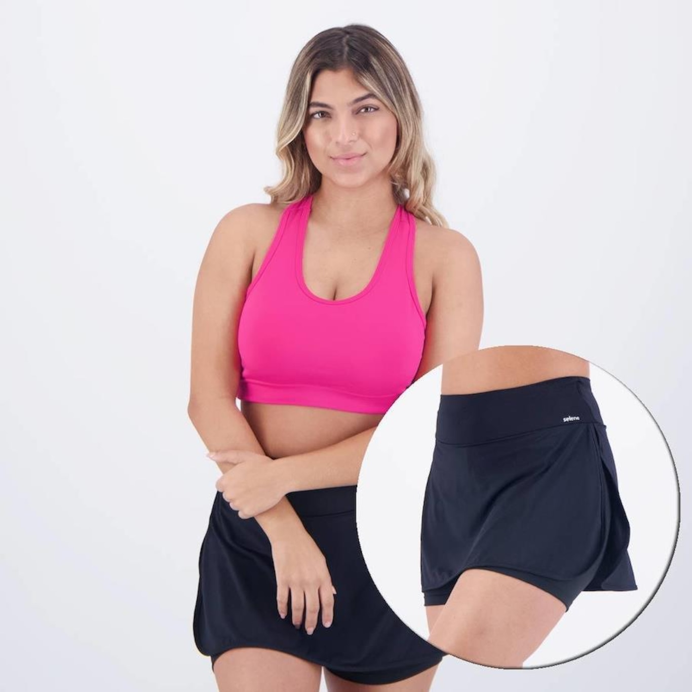 Conjunto Selene: Top Fitness com Bojo + Shorts Saia II - Feminino - Foto 1