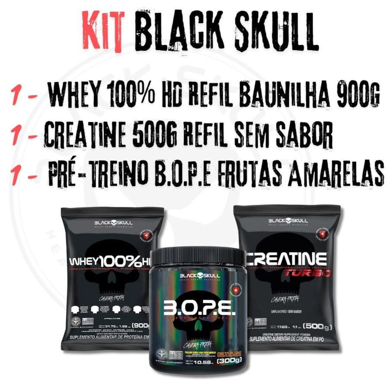 Kit Whey Protein 100% Hd Refil Baunilha 900G Black Skull Creatine Turbo 500G Bope 300G Black Skull - Foto 2