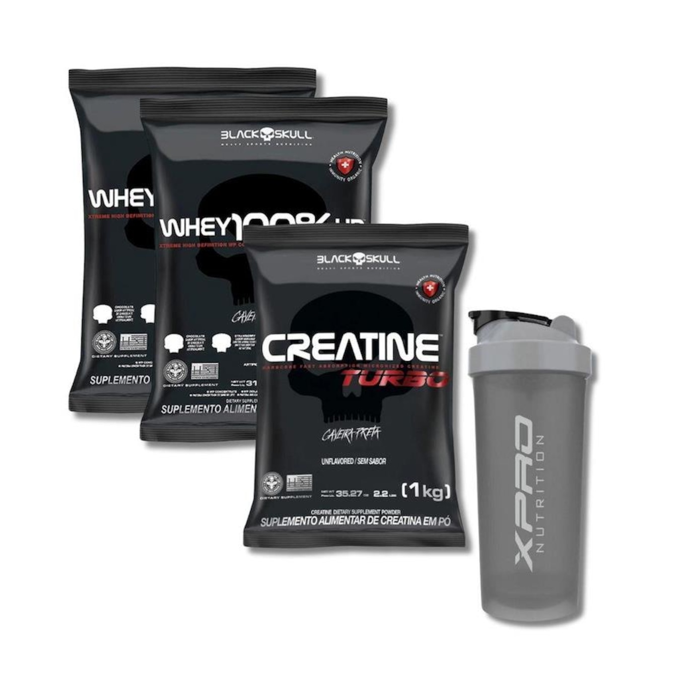 Kit 2X Whey Protein 100% Hd 900G Baunilha + Creatine Turbo 1Kg  Black Skull + Coqueteleira X-Pro - Foto 1