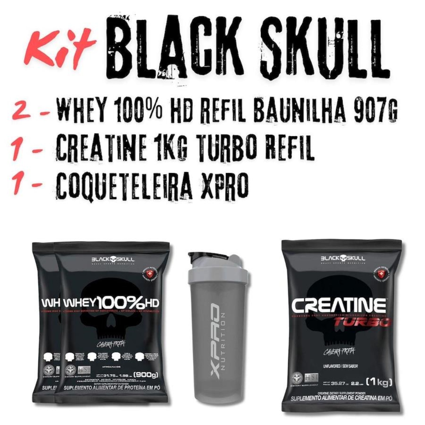 Kit 2X Whey Protein 100% Hd 900G Baunilha + Creatine Turbo 1Kg  Black Skull + Coqueteleira X-Pro - Foto 2