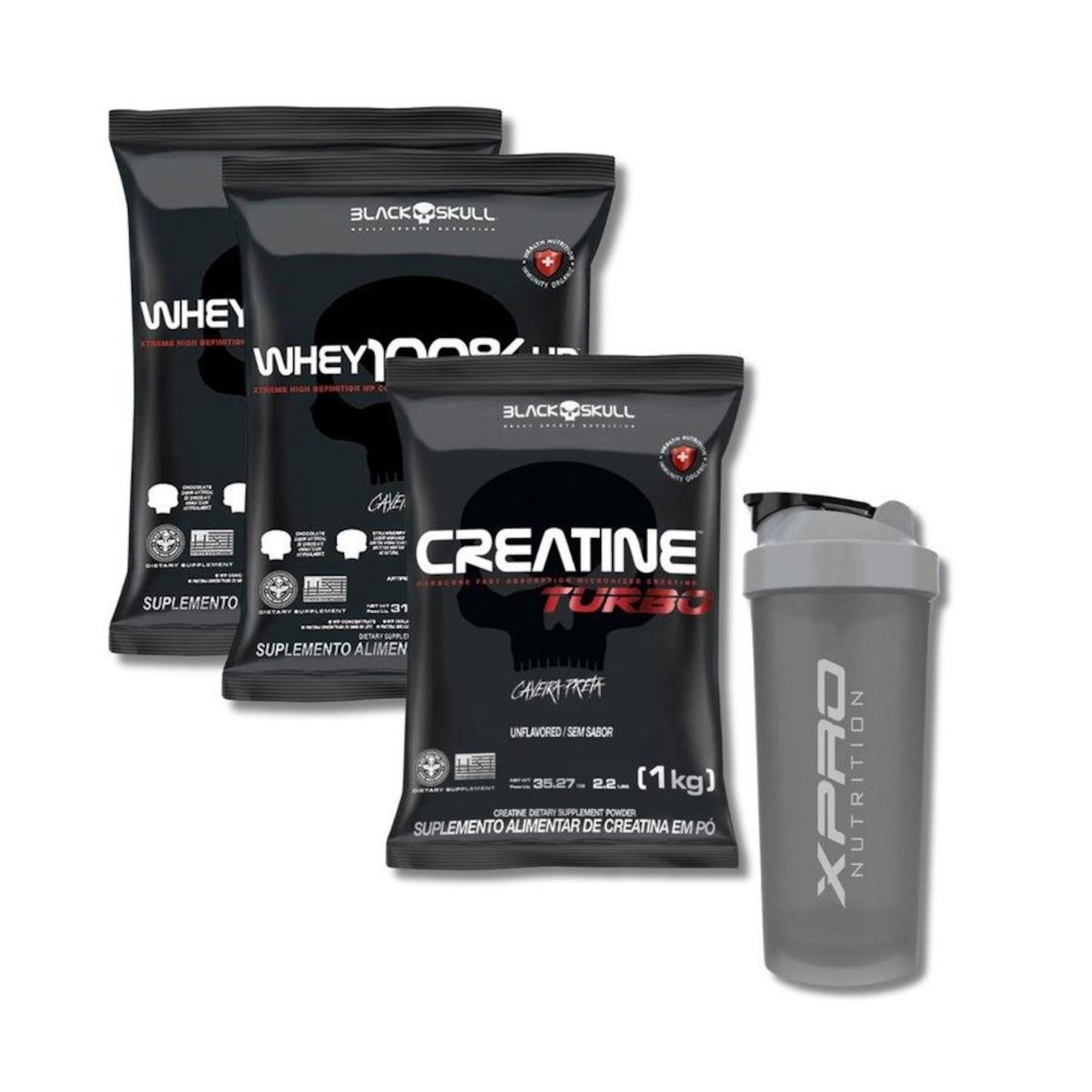 Kit 2X Whey Protein 100% Hd 900G Chocolate + Creatine Turbo 1Kg Black Skull + Coqueteleira X-Pro - Foto 1