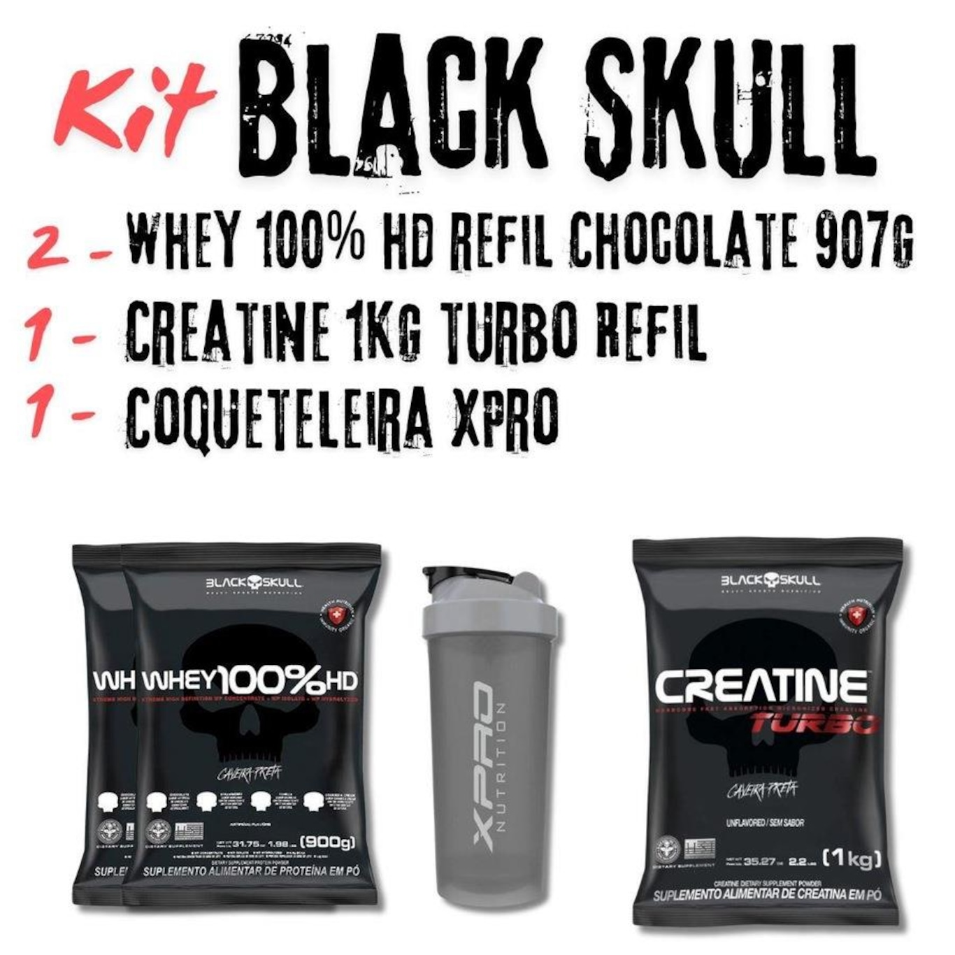 Kit 2X Whey Protein 100% Hd 900G Chocolate + Creatine Turbo 1Kg Black Skull + Coqueteleira X-Pro - Foto 2