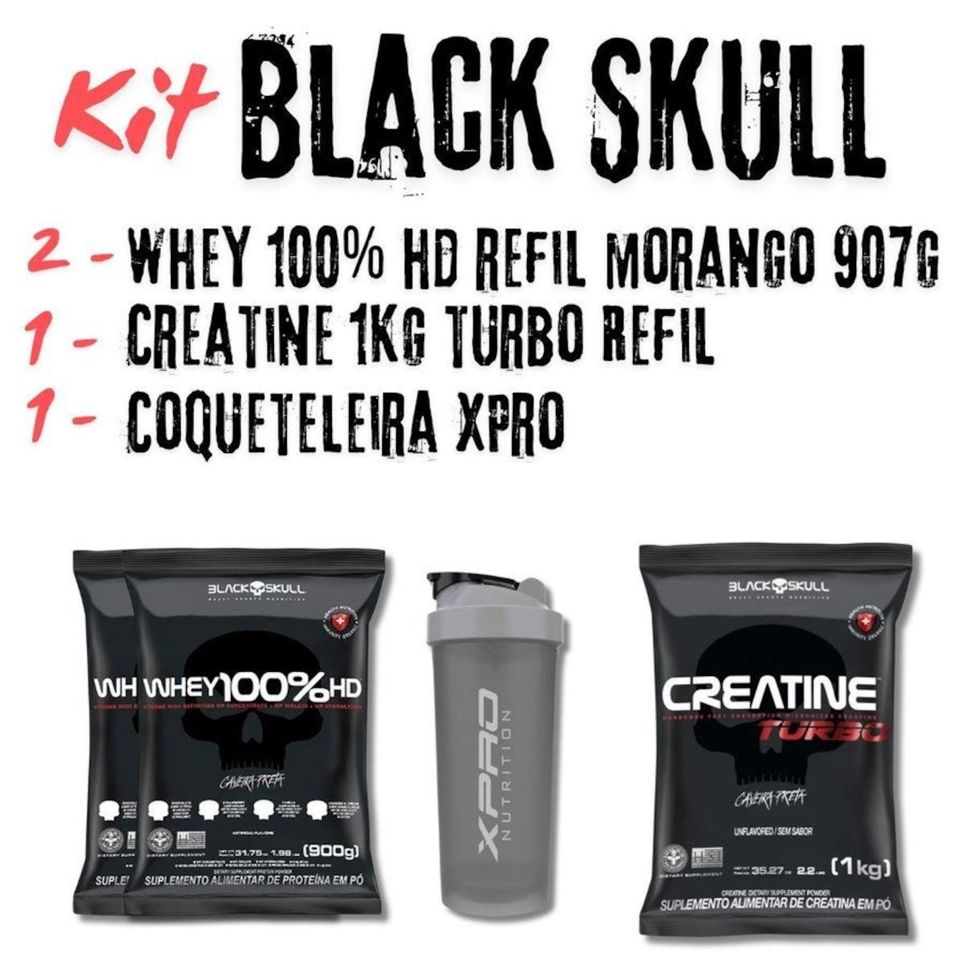 Kit 2X Whey Protein 100% Hd 900G Morango + Creatine Turbo 1Kg Black Skull + Coqueteleira X-Pro - Foto 2