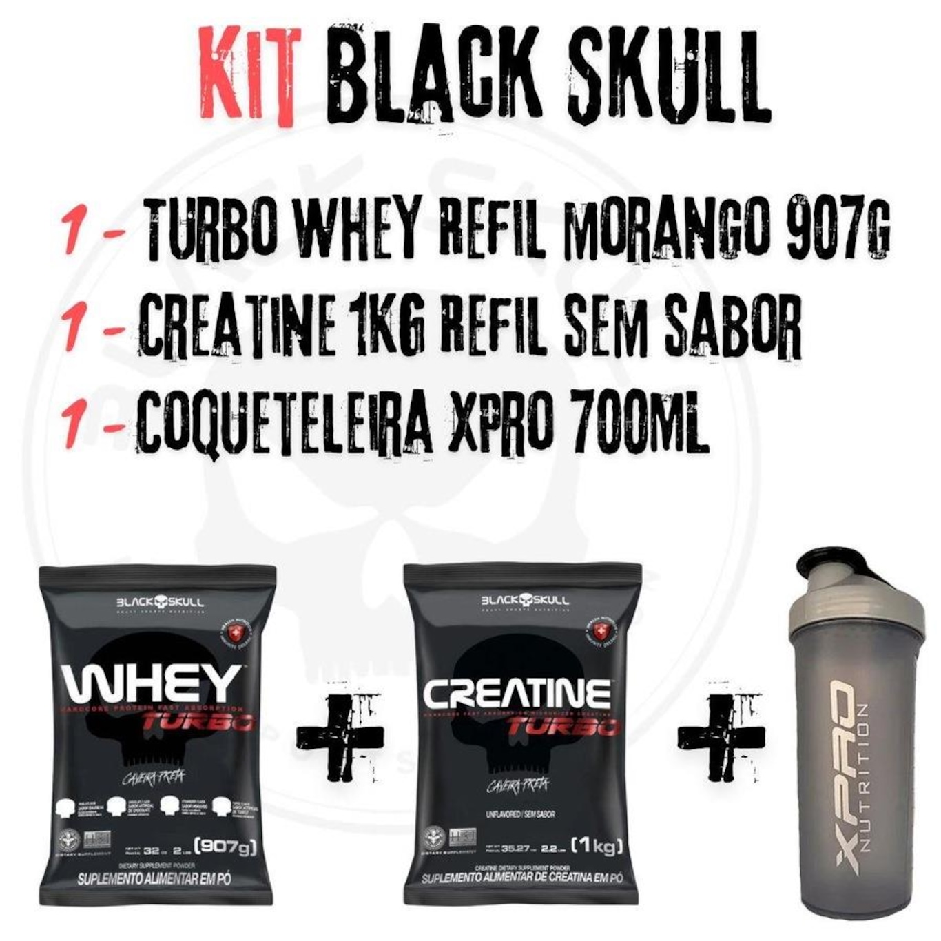 Kit Turbo Whey Protein Refil 907G Morango + Creatine 1Kg Black Skull + Coqueteleira 700Ml X-Pro - Foto 2