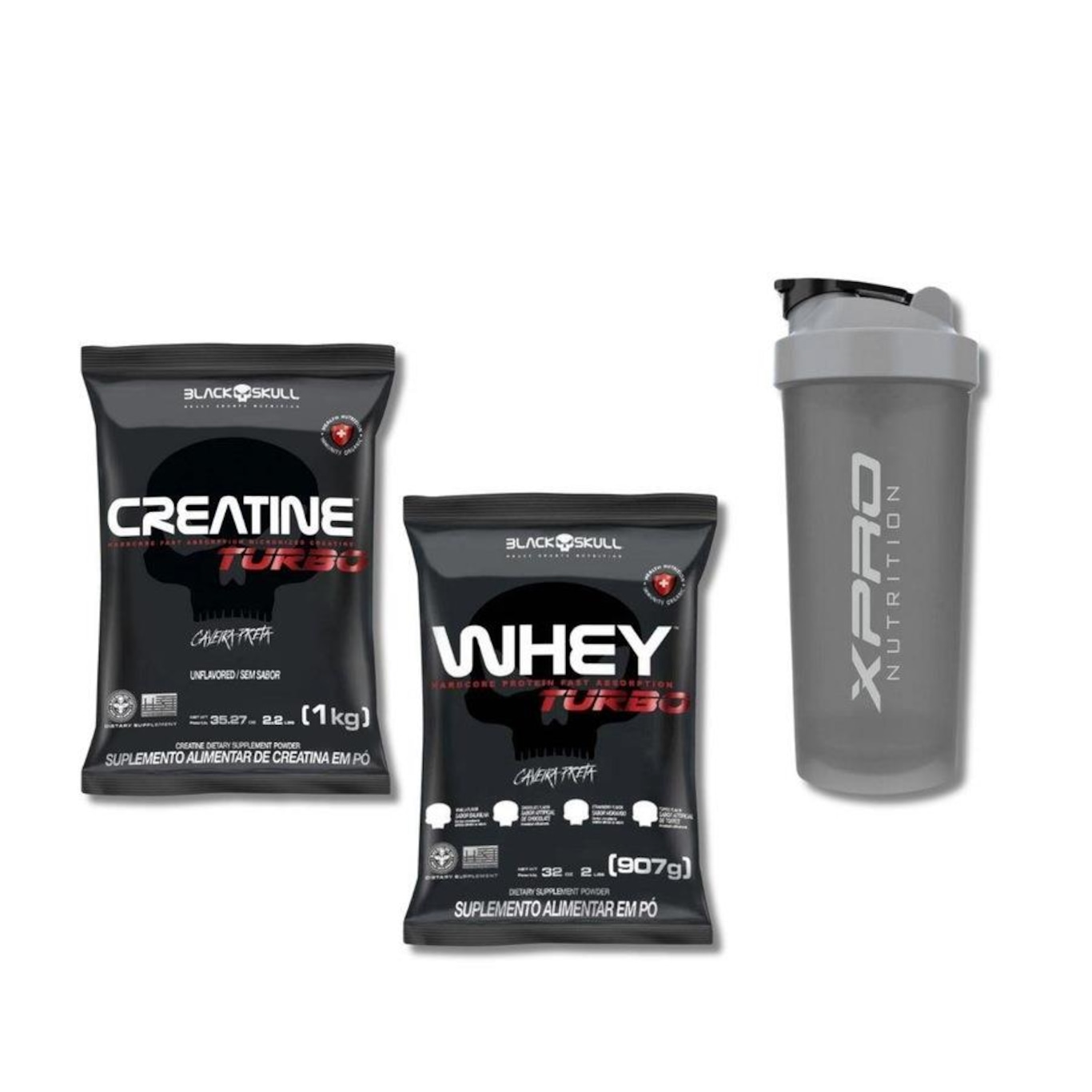 Kit Turbo Whey Protein Refil 907G Baunilha + Creatine 1Kg Black Skull + Coqueteleira 700Ml X-Pro - Foto 1